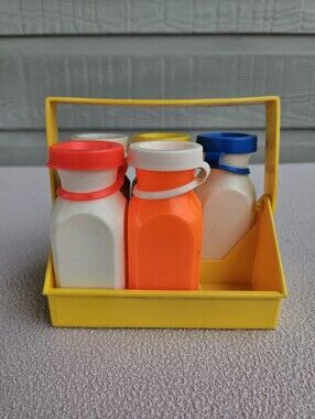 Vintage Original Fisher Price Milk Yellow Carrier With 5 Bottles #637